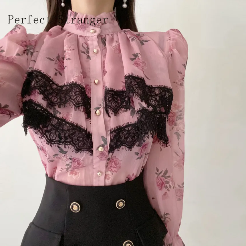 

2021 Spring Autumn New Arrival Hot Sale Printed button-down shirt with matching lace collar and long sleeves Blouse