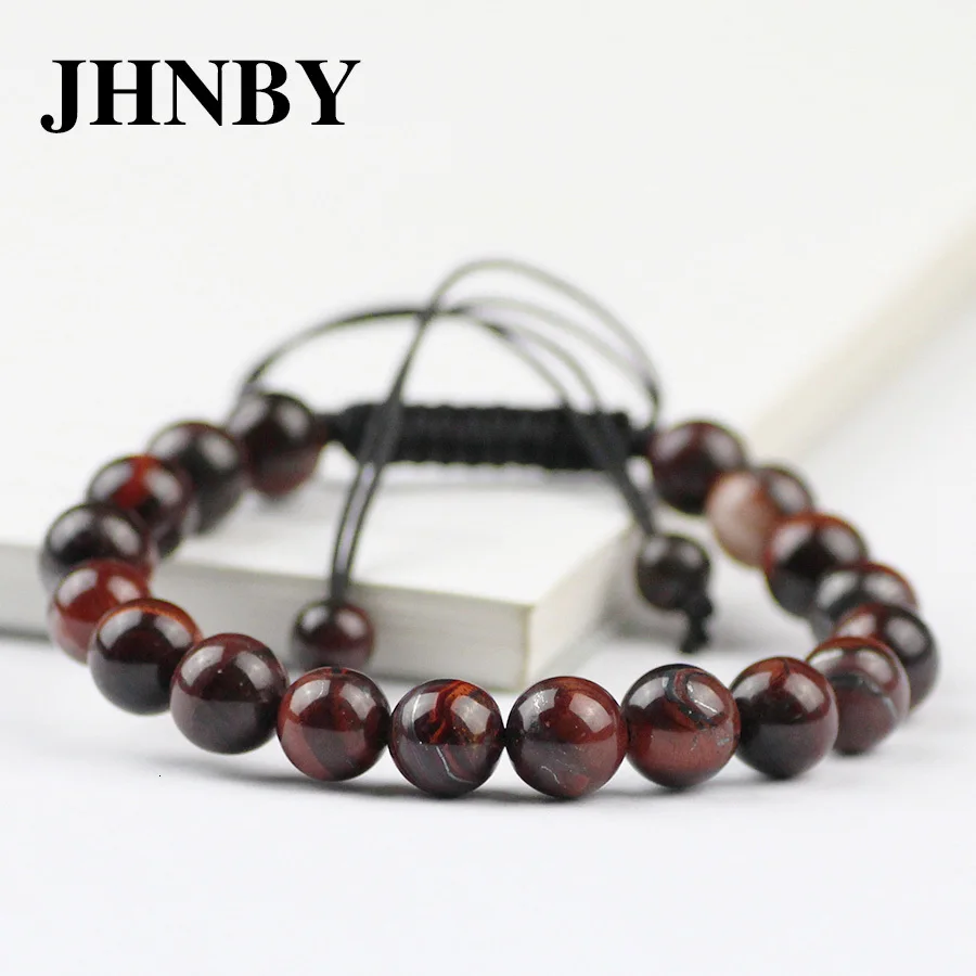 JHNBY натуральный красный OX тигровый глаз камень браслет для Для женщин 6/8/10/12 мм бусины плетеный/вставку внутрь эластичного ремешка Шарм браслет Мода Для мужчин ювелирные изделия
