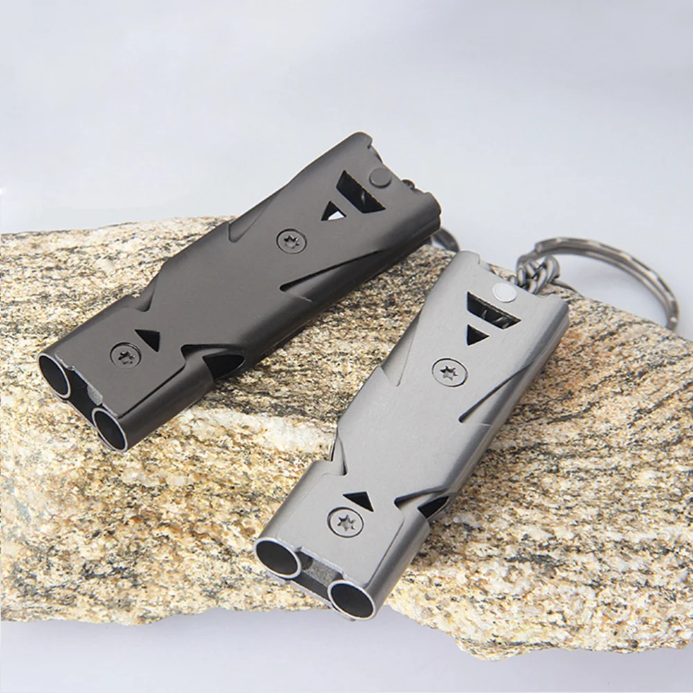 

Stainless Steel Whistle Dual Tubes Whistle with Keychain Outdoor Survival Whistle For School Gym Camping Hiking Training (Silver