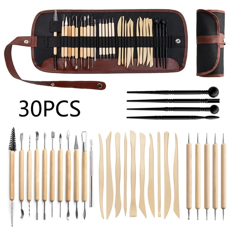 

30pcs DIY Clay Pottery Tool Set Double Sided Ceramics Sculpting Carving Drill Pen Tools with Carrying Bag for Beginners