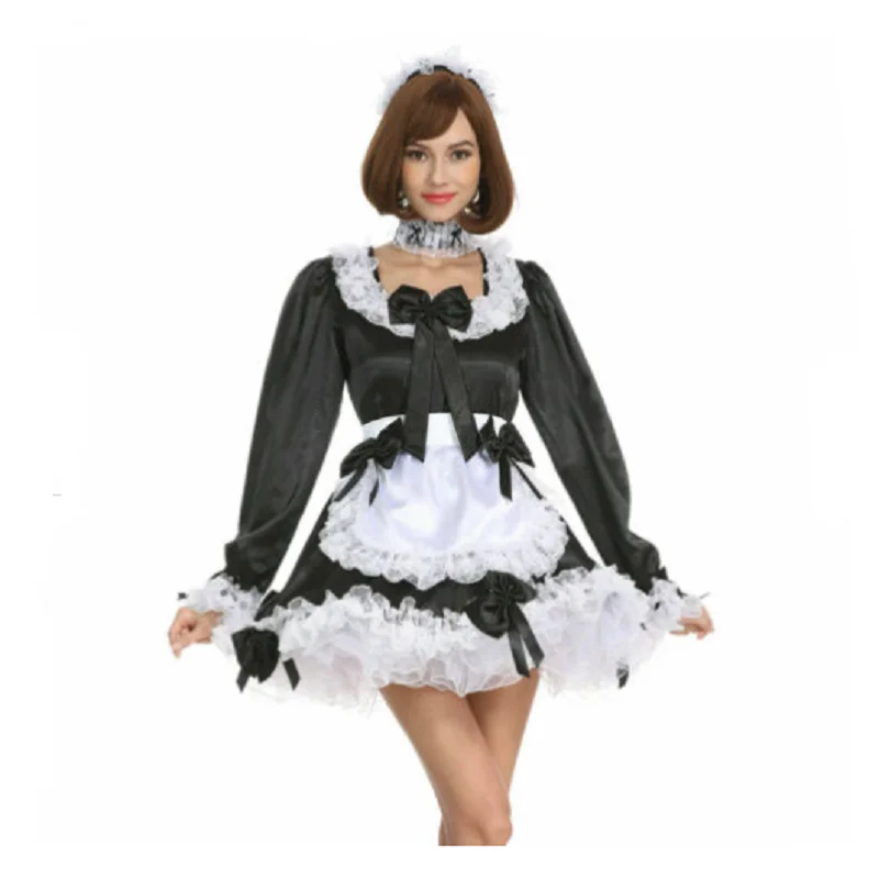 

Hot selling sissy French Maid lovely bow black satin dress role play dress customization