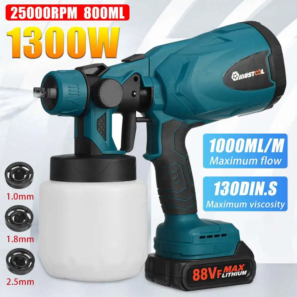 1300W 88VF Electric Spray Gun High Power Electric Paint Sprayer 3 Nozzle & 800 ml Flow Control Airbrush For Makita 18V Battery