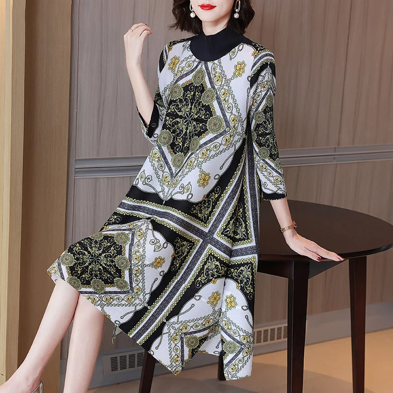 

Changpleat woman dress Miyak Pleated Indie Folk Printing Turtleneck Loose Large Size 3/4 Sleeve Female A-line Dresses