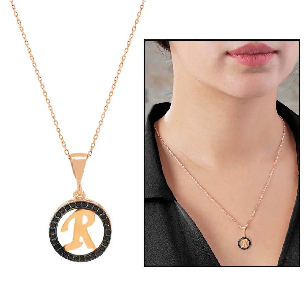 

3d Design Black Zircon Stone 925 Sterling Silver Letter Necklace "R"