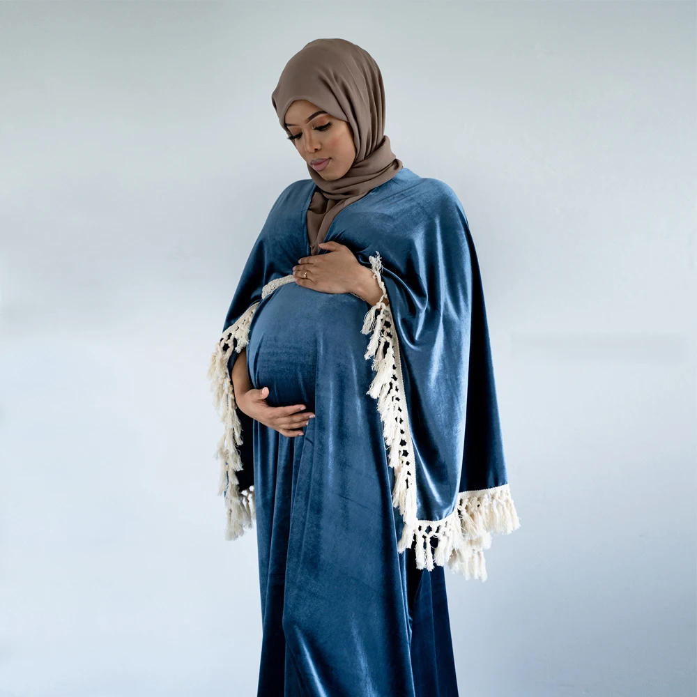 Photo Shooting Boho Maxi Long Bell Sleeves White Tassel Maternity Dress Pregnancy Velvet Gown for Woman Muslim Photography Prop enlarge
