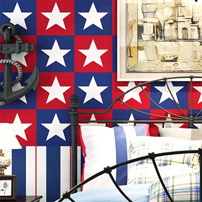 beibehang British style Mediterranean children's room AB version five-pointed star vertical stripes PVC background wallpaper |
