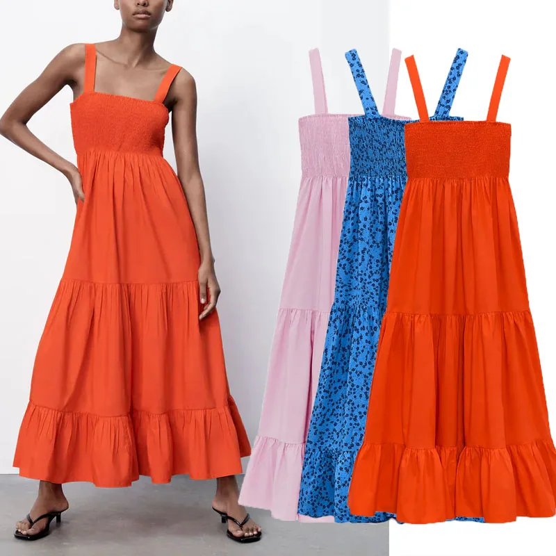 

Женское длинное винтажное платье Za, красное плиссированное пляжное платье на широких бретелях, без рукавов, с оборками по подолу, лето 2021