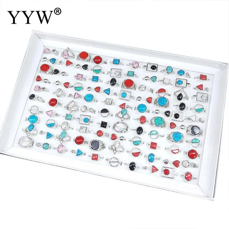 

100pcs/Box Women Finger Ring Set Tibetan Imitation Turquoise Multi-Colored Open Ring Retro Style Jewelry Set 4x18mm-11x24mm