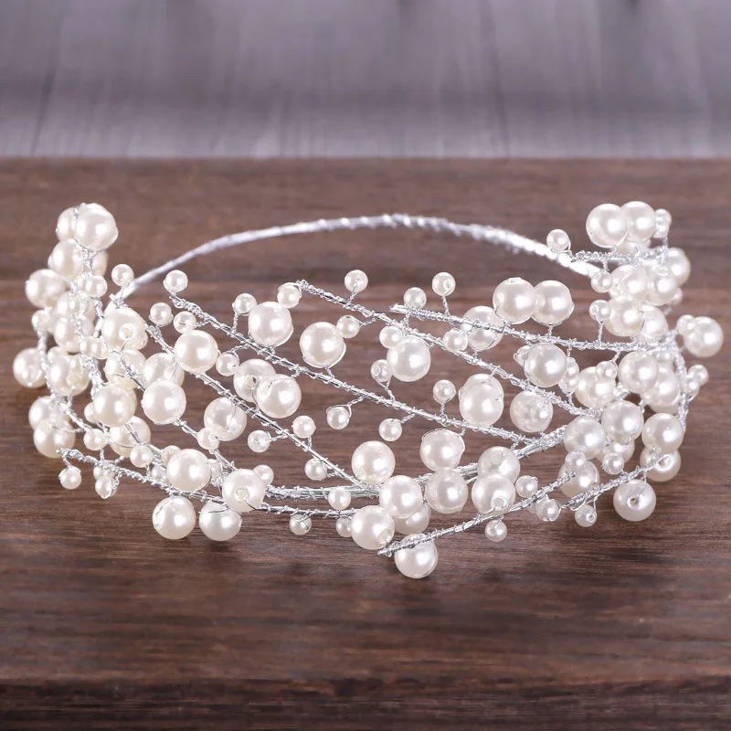 

Korean Hair White Pearl Crystal Bride Headdress By Hand Wedding Dress Accessories Bridal Hair Jewelry Free Shipping