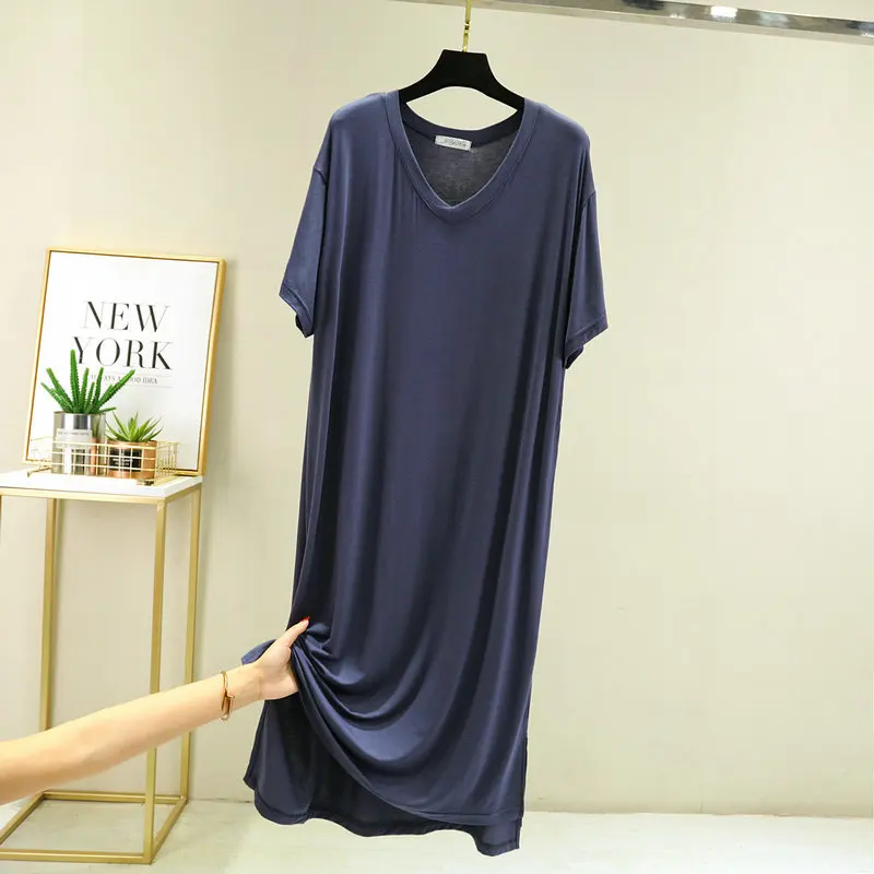 Fdfklak V-Neck Deign 2022 Summer New Modal Nightdress Women Sleepwear Solid Loose Leisure Night Dress Solid Color Nightgown