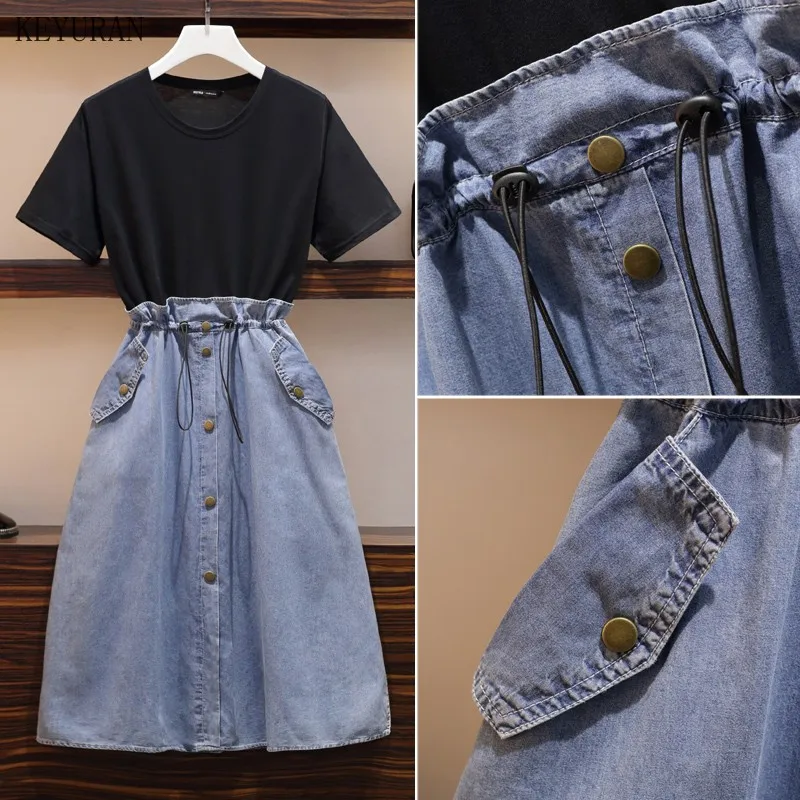 

Ladies Denim Dress 2021 Summer Casual Short-sleeved Cotton Jeans Loose Stitching Denim Dress Women Plus size