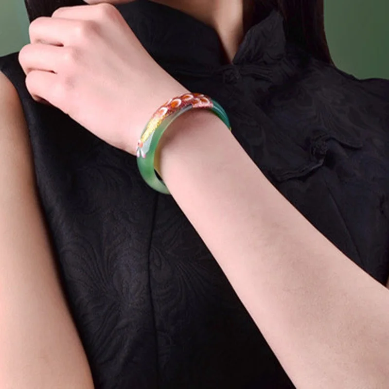 Браслеты из натурального зеленого цвета с цветным рисунком павлина и цветка