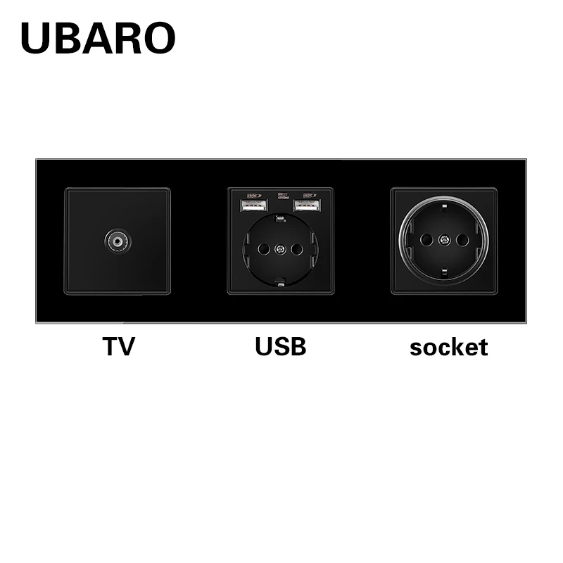 Настенная розетка UBARO ЕС Россия RJ45 RJ11 TV HDMI с черной закаленной стеклянной рамкой