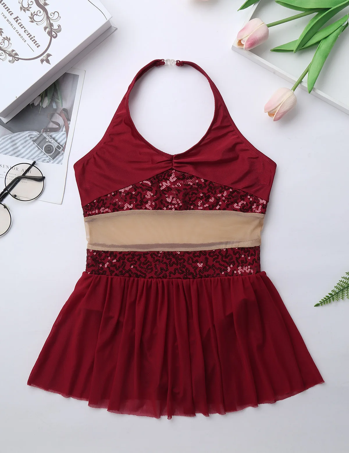 ChicTry Girls Halter Sequin Mesh Stretchy Figure Skating Dress Gymnastics Ballet Leotard Kids Performance Lyrical Dance Costumes