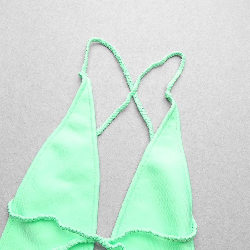

green halter backless hollow out 2019 sexy lady's newest arrival deep v neck bandage bodysuits