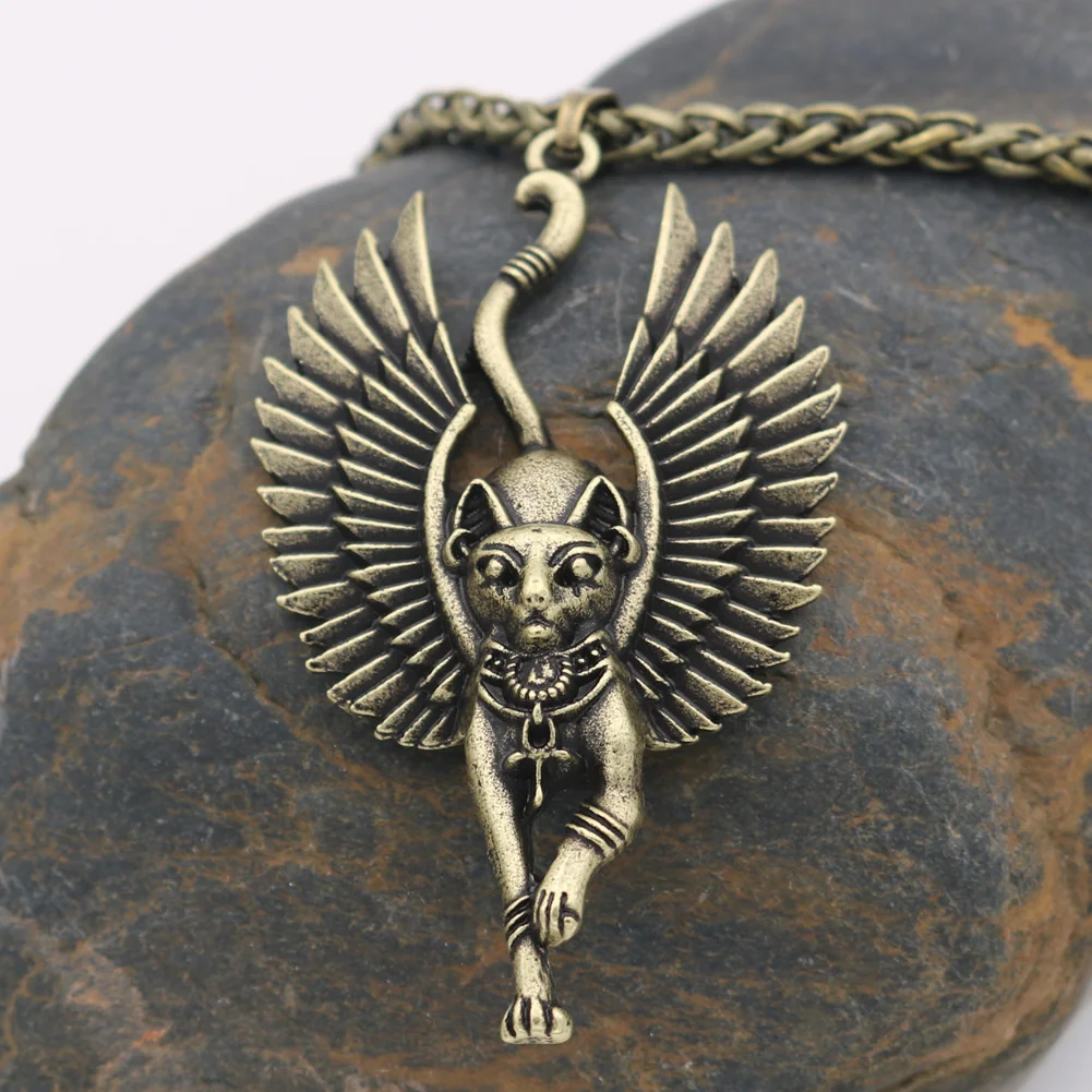 

Egypt Cat Angel Wings Bastet Ethnic Cat Jewelry Male Necklace WICCA Pagan Talisman Egyptian Sphinx Jwelry For Women Men Amulet