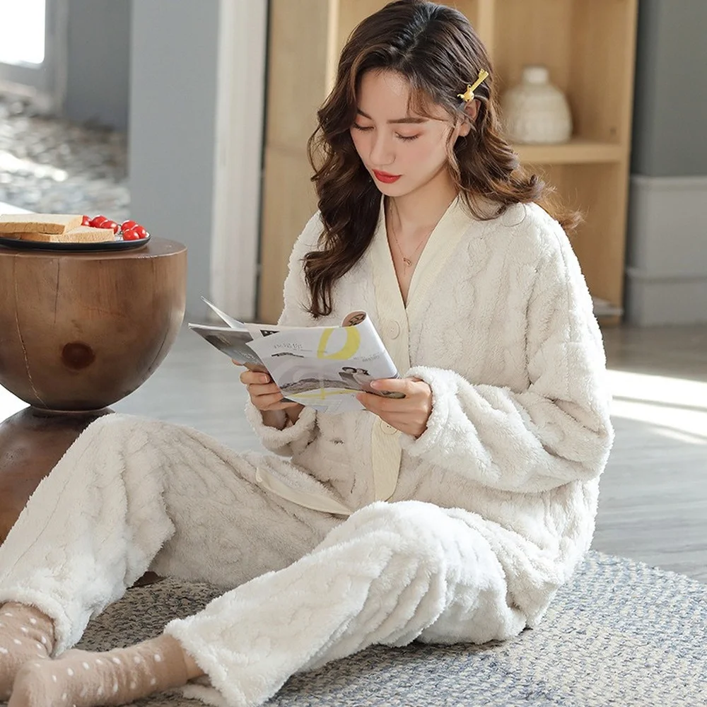 Flannel Pajamas Set for Women Winter Thick and Warm Cute Cardigan Kimono Coral Fleece Home Service Women's Pajamas Sleepwear