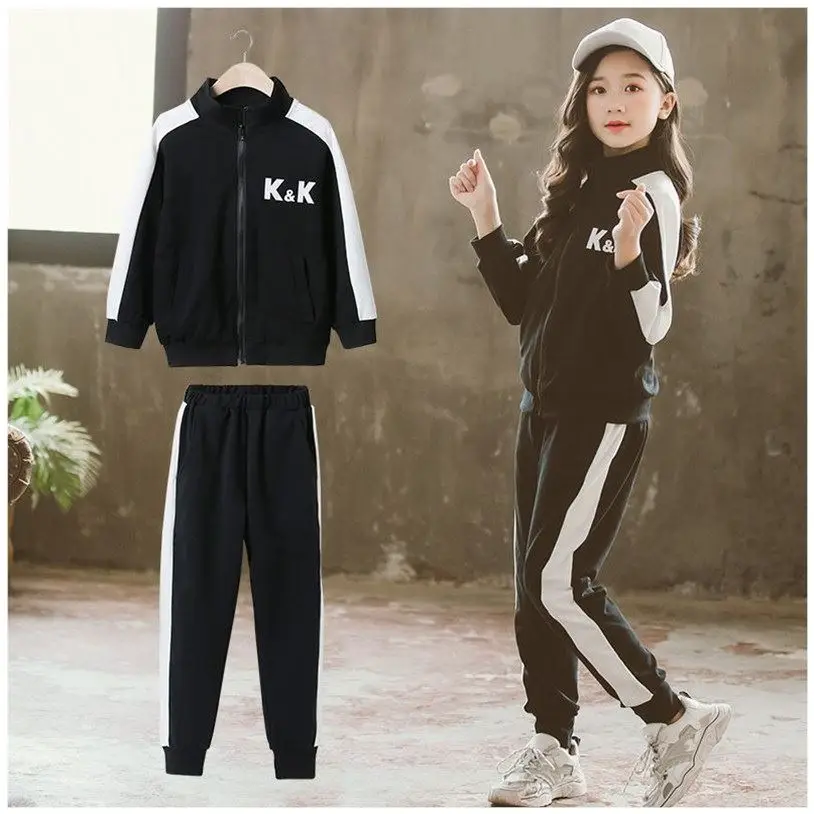 

Fashion Black Sport Autumn Spring Winter Girls Boys 2 Pieces Casual Sets Tracksuit for Children School Suits Kids Clothes Teenag