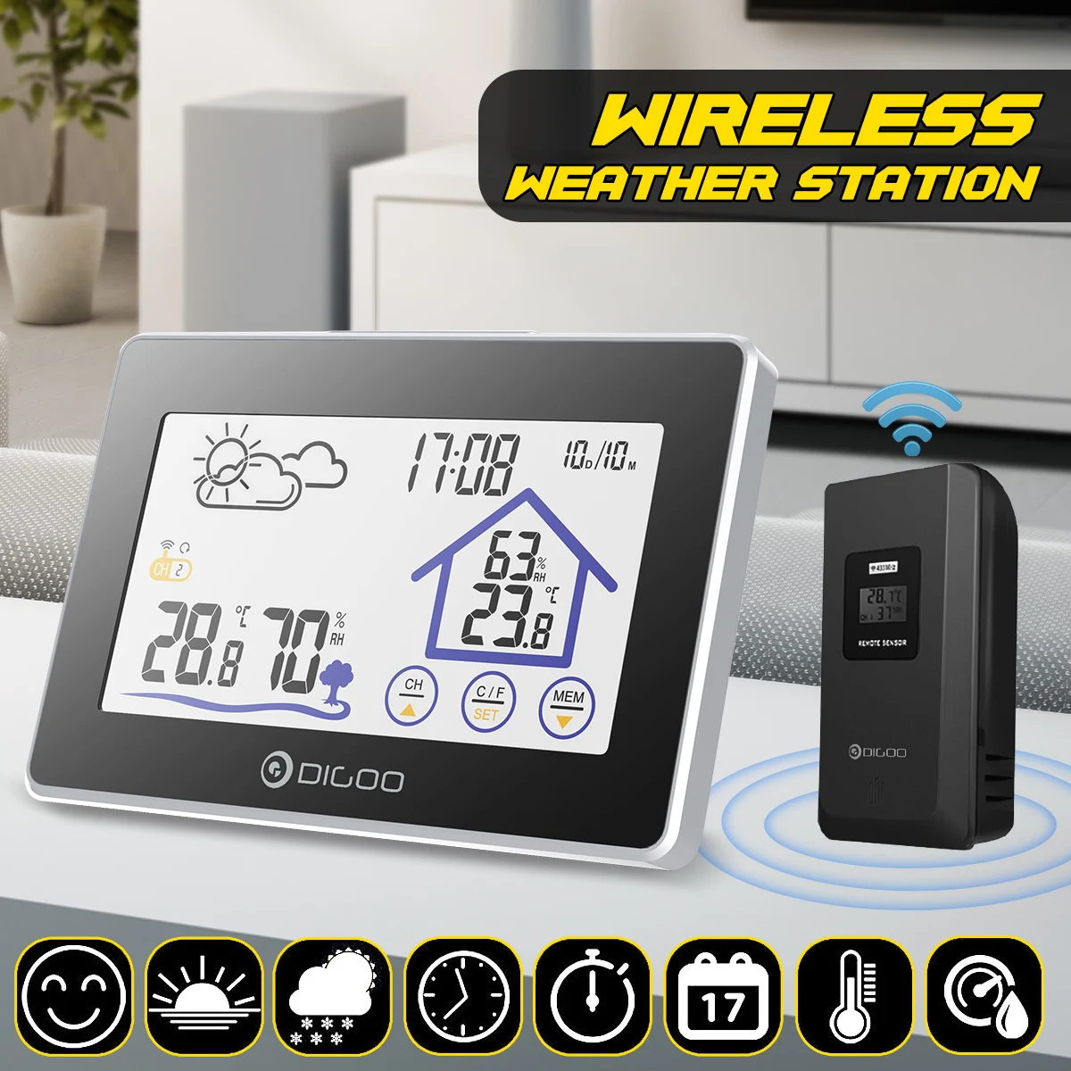 

Digoo DG-TH8380, беспроводная сенсорная наружная Погодная станция, датчик прогноза, термометр, гигрометр, календарь, подсветка