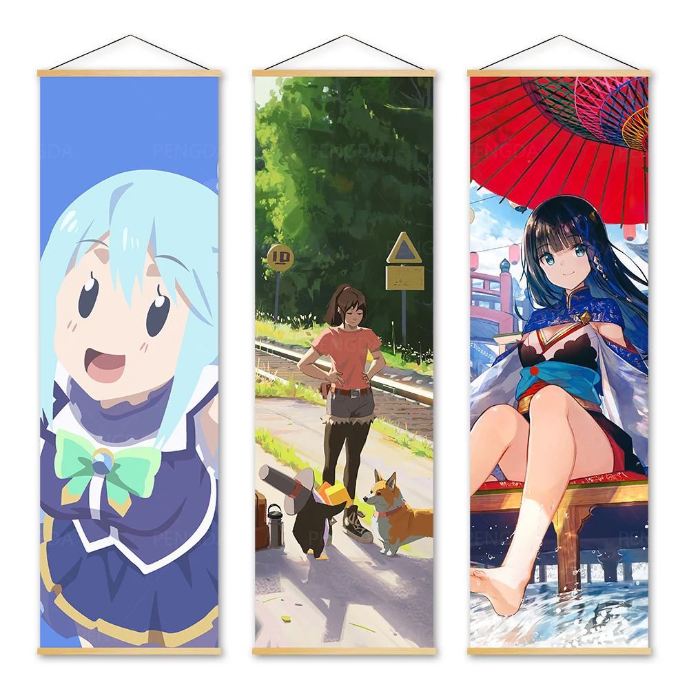 

Poster Canvas Print Cute Girl Painting Wall Art Summer Picture Home Decoration Japan Animation Role Solid Wood Hanging Scrolls