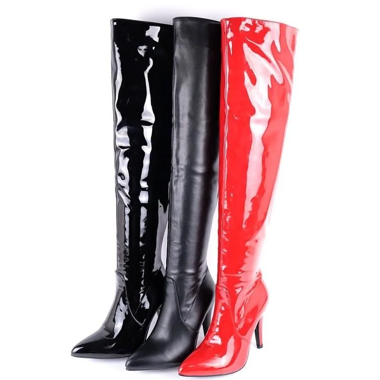 

Shoes Net Red Tide Flow 2020 New Patent Elastic Knee High Women's Black Boots Thin Heel Bright Leather for Women Shoe