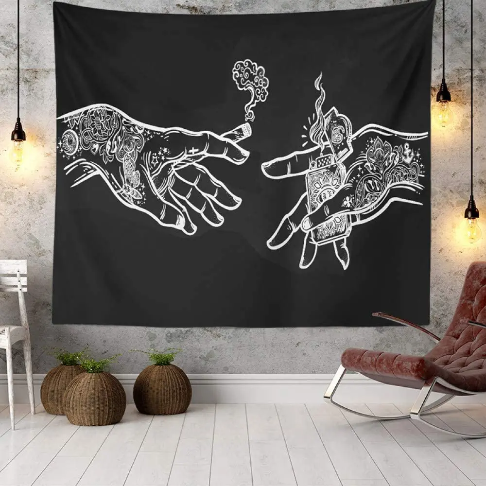 

Wall Tapestry White and Black Floral Hands, Psychedelic Trippy Hippie Boho Novelty Tapestry Wall Hanging, Art Decor Print Fabric
