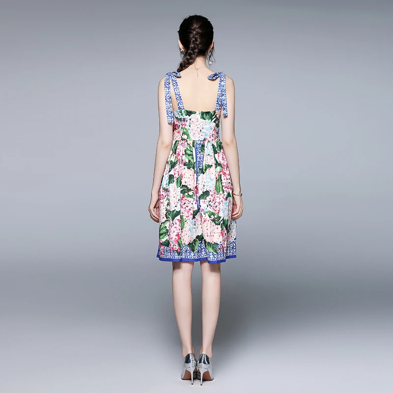 

Sophony 2021 Summer Runway Bow Spaghetti Strap Boho Dress Women's Sleeveless Backless Floral Print Party Tank Dress S66828
