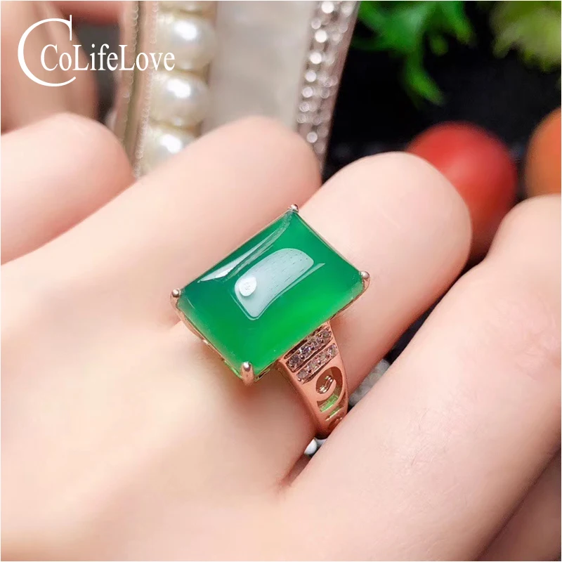 

CoLife Jewelry 925 Silver Chalcedony Ring for Party 10*14mm Natural Green Chalcedony Silver Ring Gift for Woman Free Jewelry Box