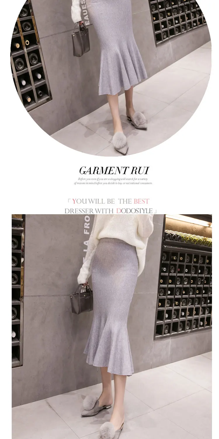 New Elegant Autumn Winter Knit Skirts Women Sweater Bodycon Mermaid Office Lady Work Wear Ruffles Skirt Chic saias faldas
