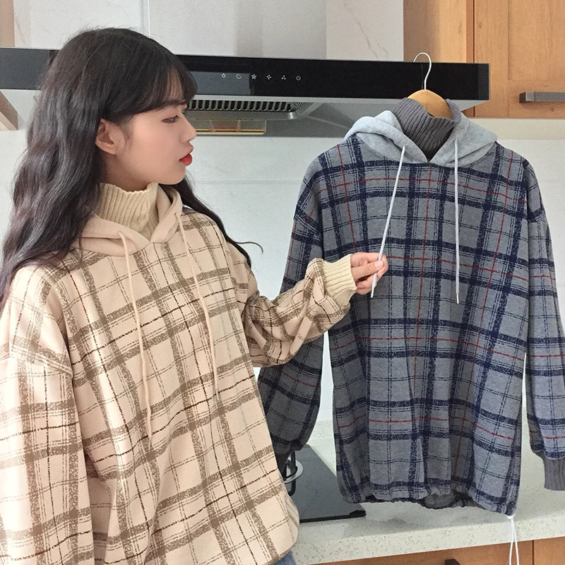 Harajuku флисовые кофты Женские клетчатые водолазки толстовки женские с длинным рукавом Повседневные Большие размеры пуловер с капюшоном одежда толстовка