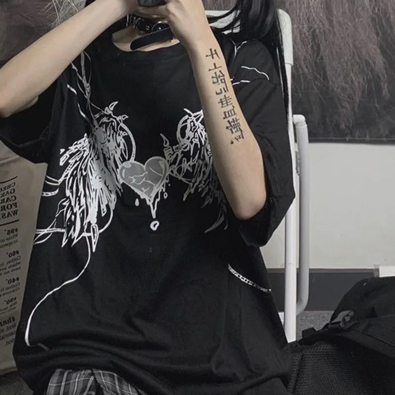 

Korean style Casual letter print kpop punk vintage gothic summer Harajuku loose tops Hip Hop black women's T-shirts top female