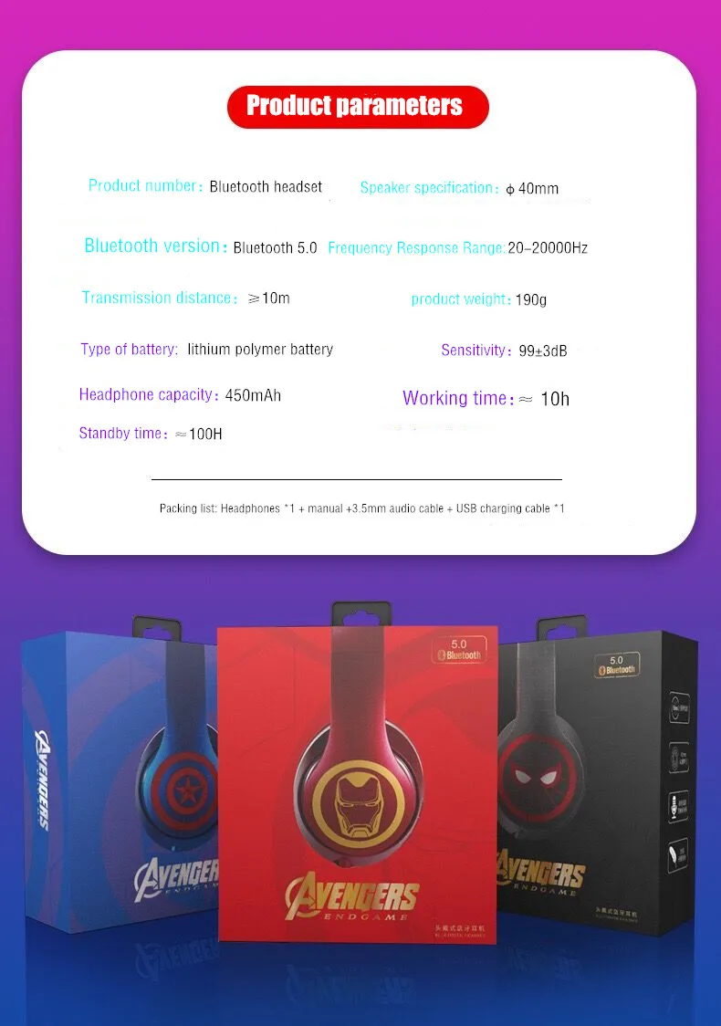 Оригинальные Bluetooth наушники серии Marvel, Мстители, 5,0, Беспроводная складная гарнитура, для бега, Hi-Fi, стерео наушники для ПК, мобильного телефона