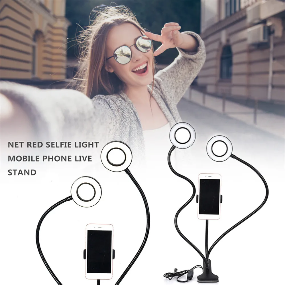 2 in 1 phone holder selfie ring light desktop adjustable mobile phone stand with fill lights 3 level brightness for live office free global shipping