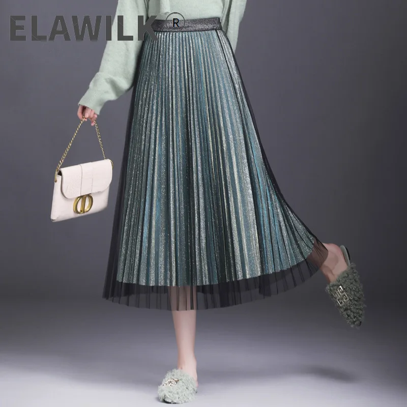

Luxury High Quality Women's Skirt 2021 High Waist Skirt WOmen Fashion Pleated mesh Lurex Long Skirt