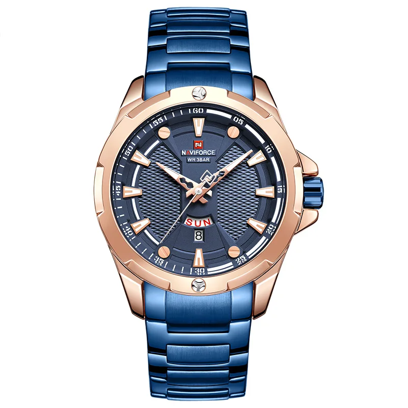 Rose Gold Blue NAVIFORCE мужские часы Топ люксовый бренд мужские водонепроницаемые кварцевые часы из нержавеющей стали аналоговые с указанием даты Мужские часы Relogio Masculino - Цвет: Rose Gold Blue