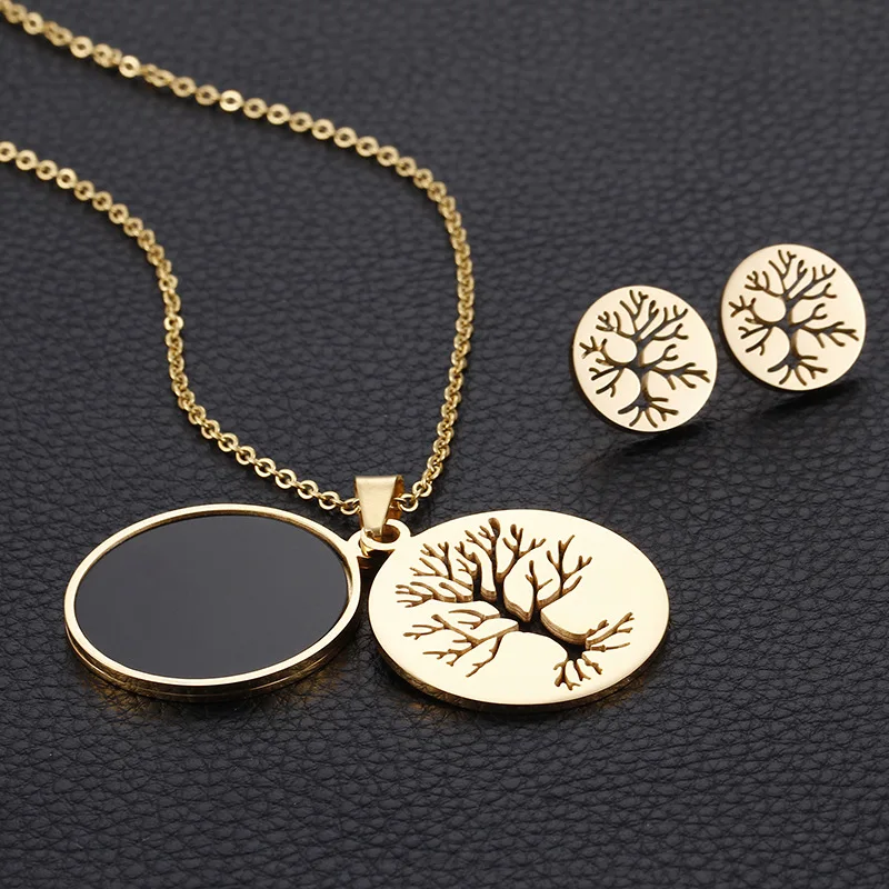 

Tree Titanium Steel Fashion Jewelry Sets Earring Studs Necklace Pendant Eerrings Set Lover Party Women Female Gifts 2 Color