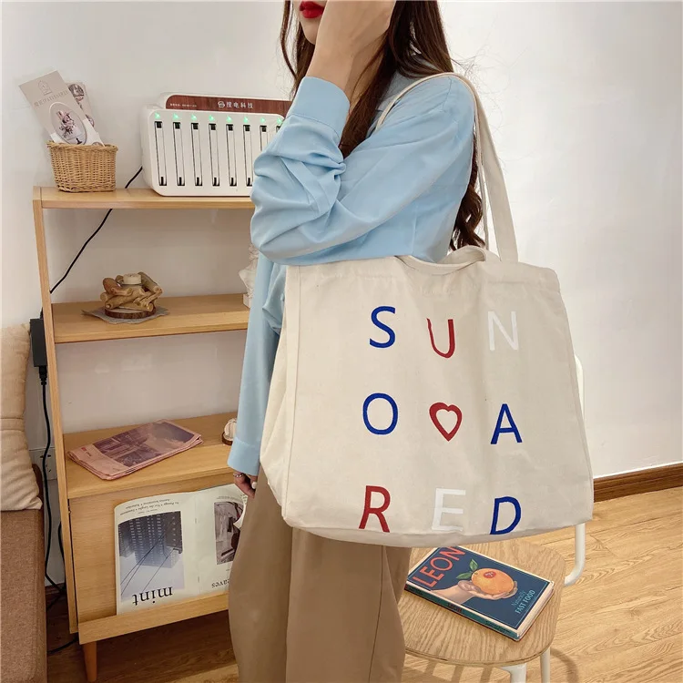 

Casual Tote Bag Korean Ladylike Solid Letter Hasp Soft Girls Bag Cotton Fabric Soft High-Capacity Shoulder Handbag Shopping Bag