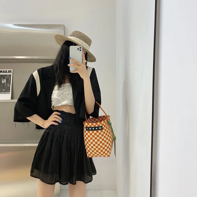 

2021 Summer Sexy Pleated Skirt Casual High Waist Mesh Stitching Gauze Short Skirt Korean Fashion Elegant Temperament Mini Skirt