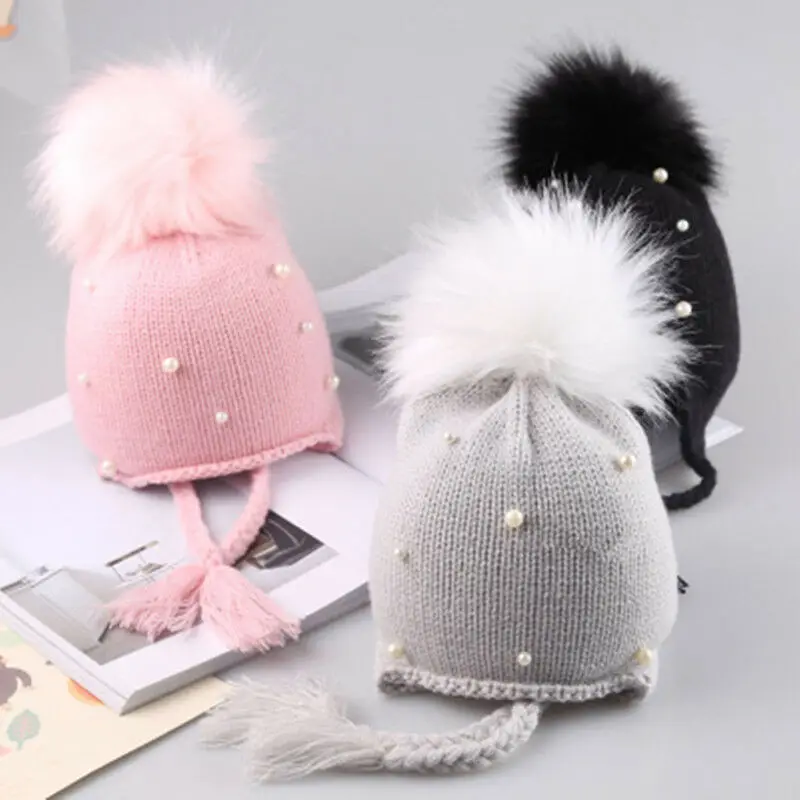 

Baby Toddler Kids Girl Infant Winter Warm Pearl Crochet Knit Hat Beanie Cap Fur Pom Outdoor Child Bonnet Hats for 1-3Y