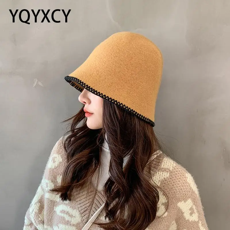 

Панама YQYXCY, женская, зимняя, кашемировая, однотонная, повседневная, винтажная, с черными полями