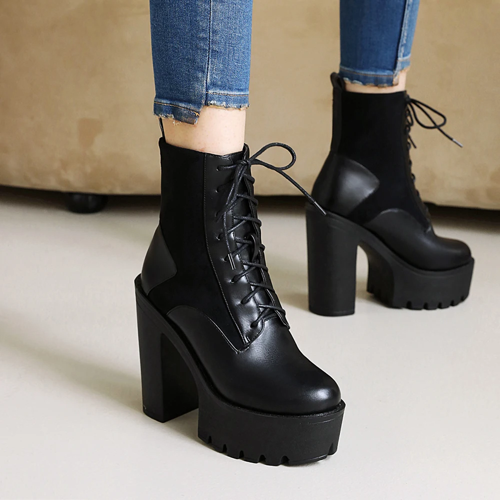 

Fashion Lace Up Women Boots Winter Women's Platform Shoes Thick Heel Booties Chunky Bottes Black Gothic High Heels Big Size 42
