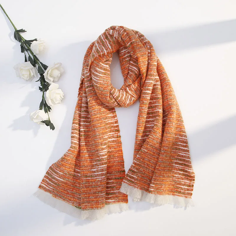 2019 New Women Winter Rainbow Striped Scarf Shawls Warm Cotton Blends Scarves Female Blanket Lady Wraps Foulard Femme | Аксессуары для