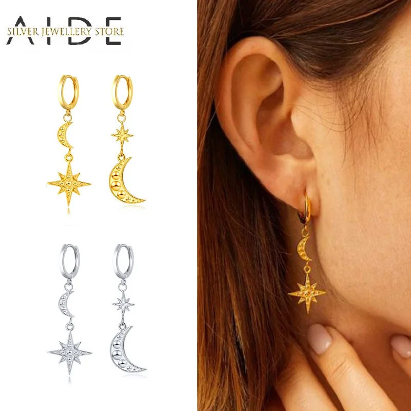 

AIDE Retro Moon/Anise Star Pendientes Hoop Earrings For Women Trendy Long Tassel INS Piercing Earings Silver 925 Jewelry brincos