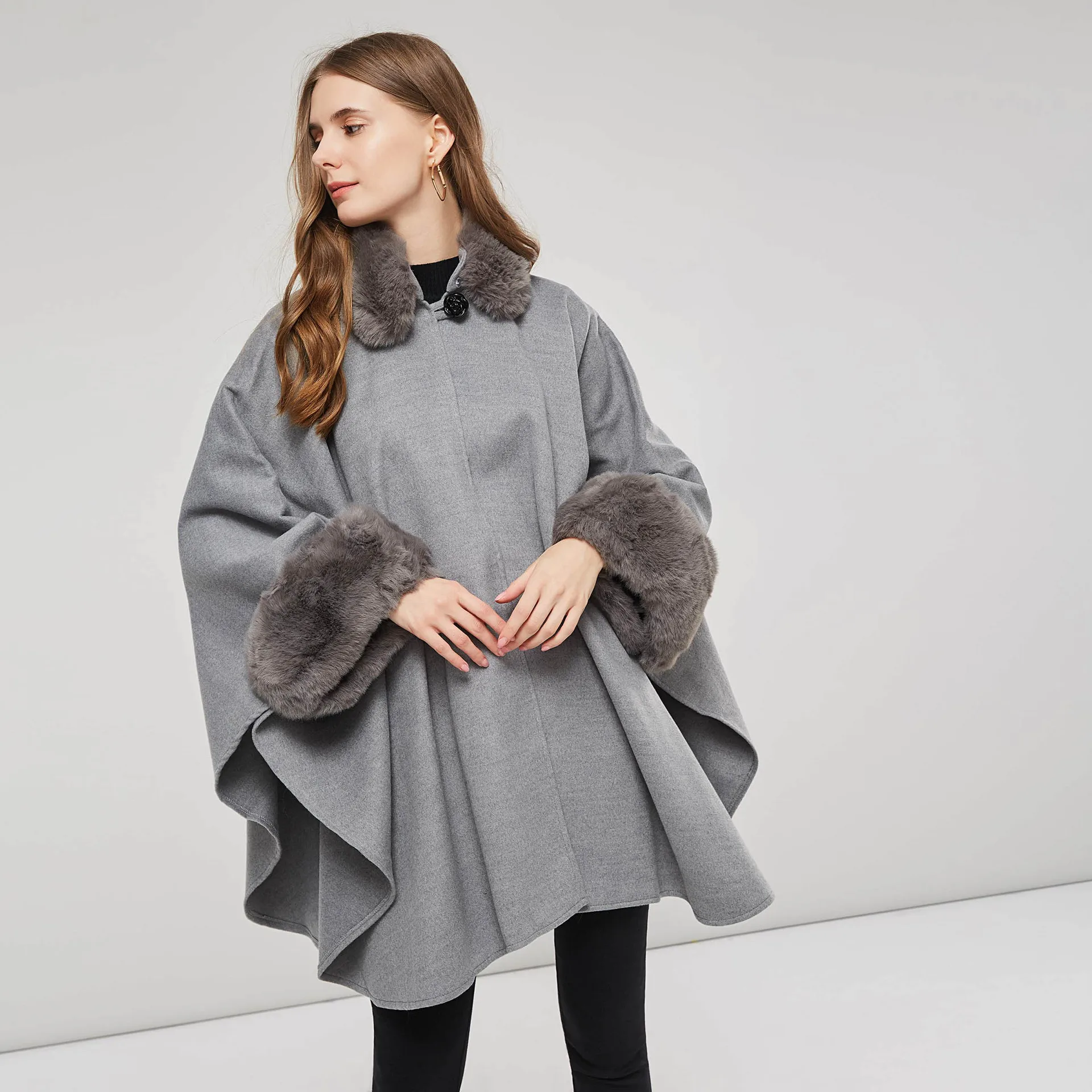 

Nice Quality Lady Faux Fox Hair Collor Woolen Cape Stylish England Style Batwing Sleeve Cloak Winter Bat Coats Trendy Tops
