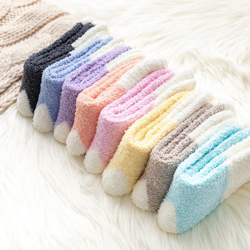 

4 pairs Warm Soft And Comfortable Floor Socks Candy Color Fashion Spell Color WOMEN'S Socks Japanese-style Coral Fleec
