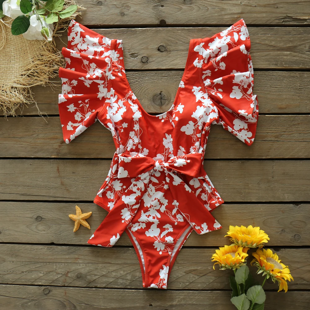 

2021 New Sexy Ruffle Solid One Piece Swimsuit Swimwear Women Solid Deep-V Strappy Beach Wear Slimming Bathing Suit Monkini