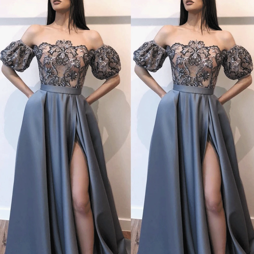 

SuperKimJo Flare Sleeve Gray Prom Dresses Long Lace Applique Satin A Line Prom Gowns Vestido De Festa De Longo