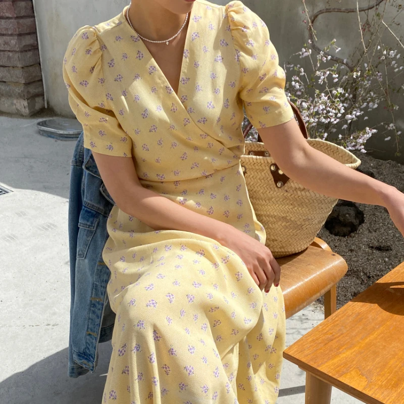 

Summer Elegant Women's Yellow Floral Wrap Dress V-neck Short Sleeve One Piece Bandage Dress 2021 Female Vestidos