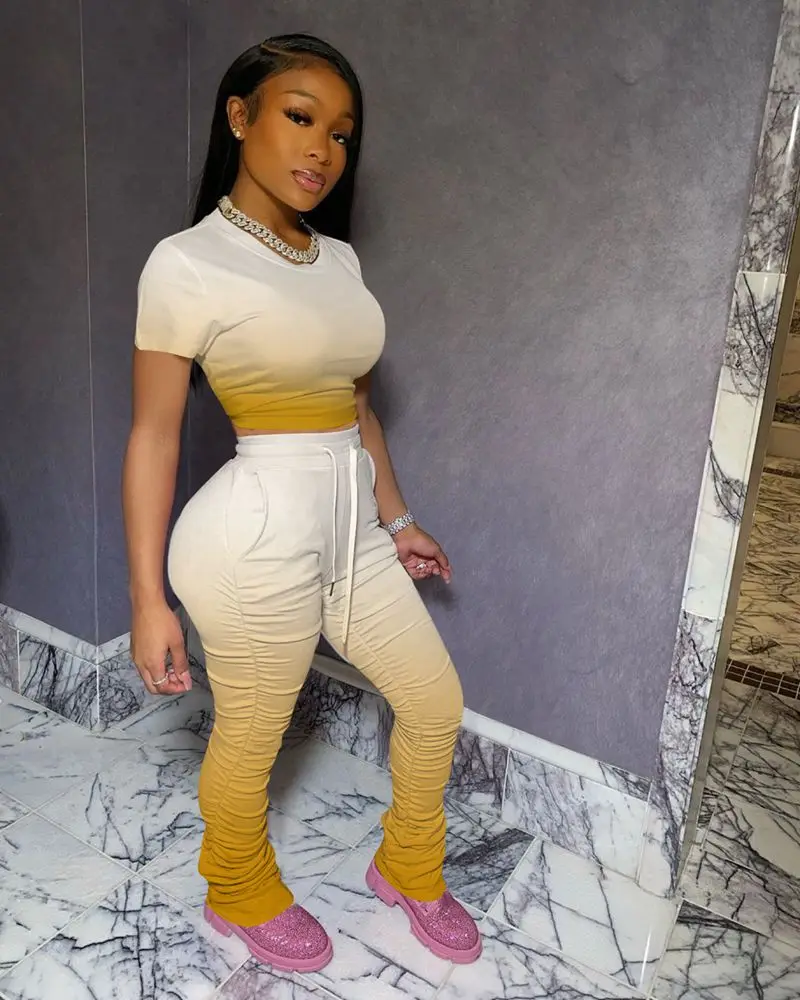 

2020 Women's Two Piece Set Plus Size Stacked Trousers Leggings Pants Tracksuit Crop Top Ruched Leggings Pant Outfits Sweat Suits