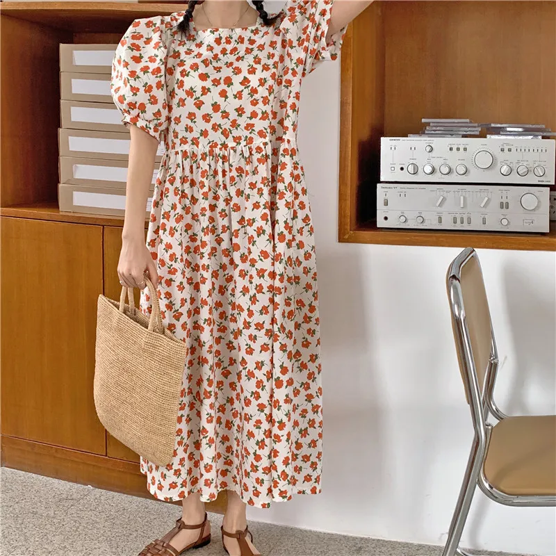 Женское Хлопковое платье с квадратным вырезом свободное повседневное